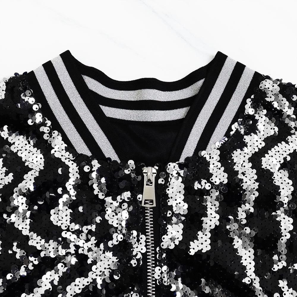 Jarní podzimní dámská bunda Baseballový dres s dlouhým rukávem stříbrné flitry