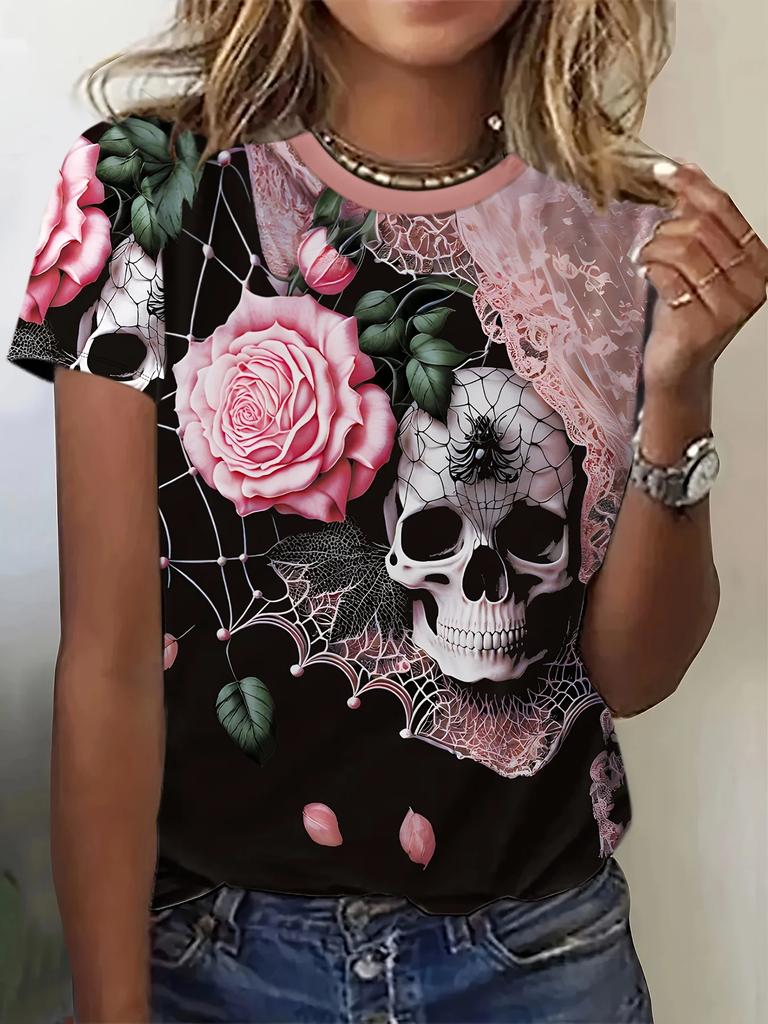 Plus Size 1XL-5XL Women's TShirt Skull and Flower 3D Pattern Printed Casual Short-Sleeved T-Shirt Round Neck Summer Top