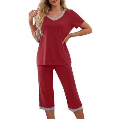 Women's Fashion Solid Color Print Summer Spring Short Sleeve V-Neck Trousers Pants Suits