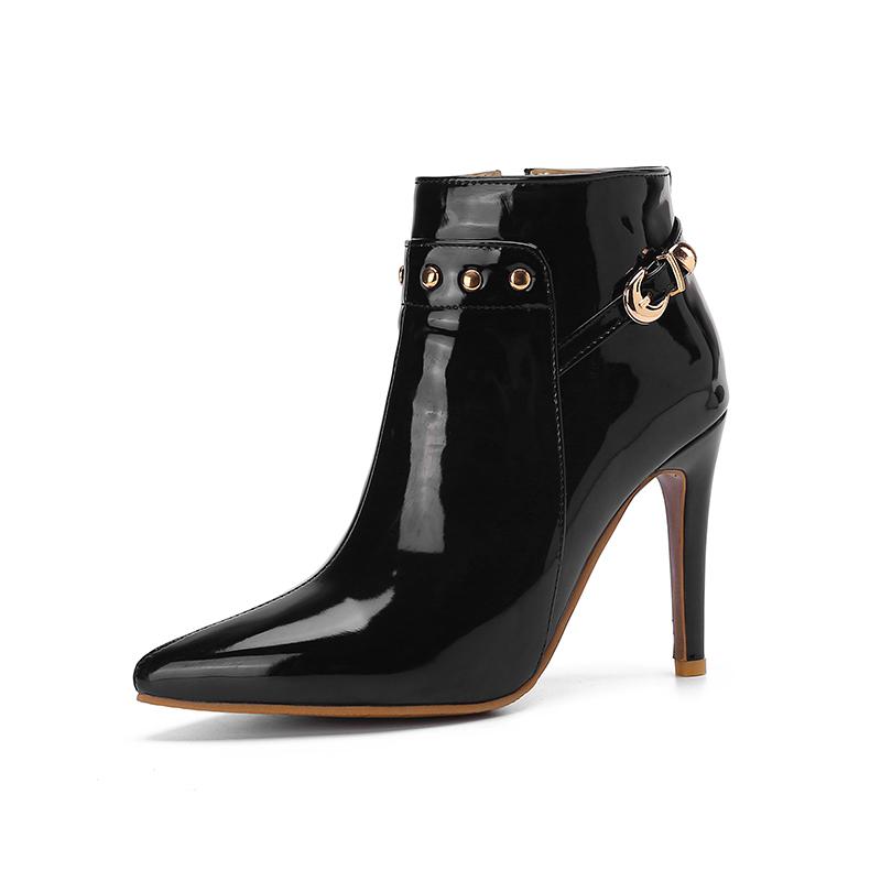 Plus Size Dark Green Metal Rivets Decorated Women's Ankle Boots Patent Leather Belt Buckle Super Stiletto Pointed Toe Shoes