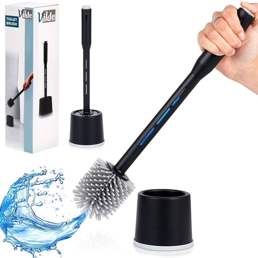 Silicone toilet brush with stand and liquid dispenser, black, 40 cm