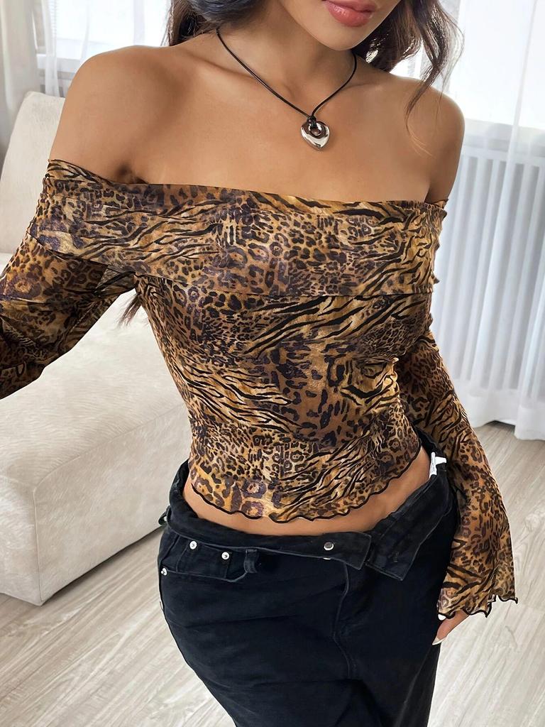 Leopard Print Off-the-Shoulder Mesh Top with Flare Sleeves