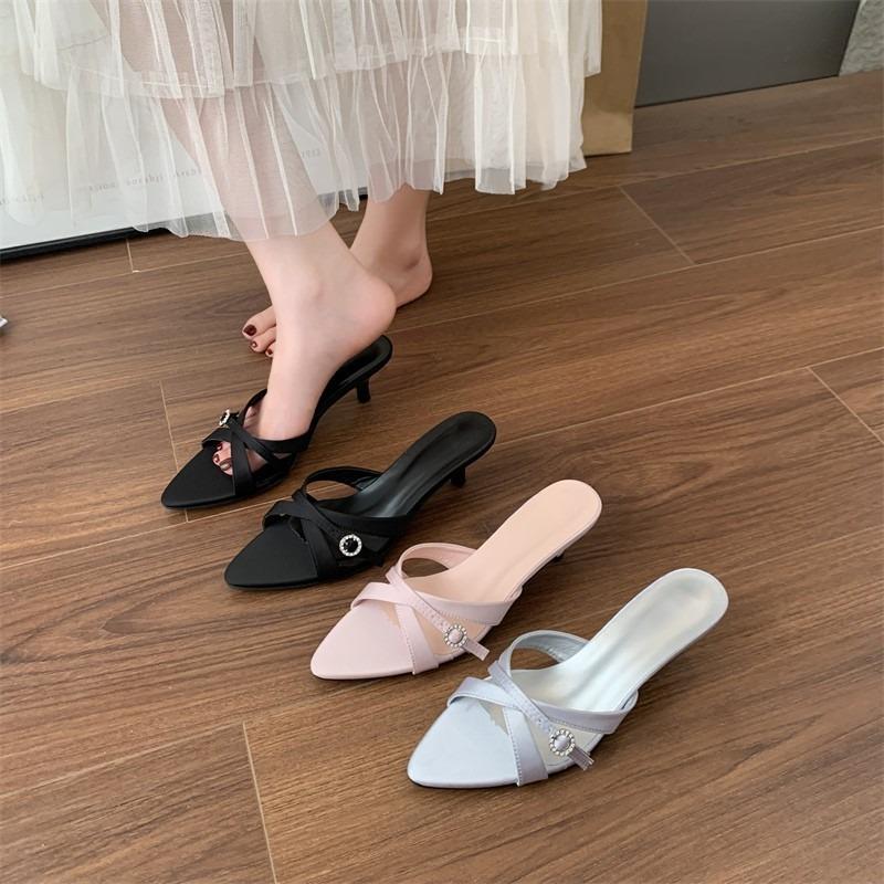 Pointed Satin Cross-strap High Heels New Elegant Thin Strap Rear Empty Bag Head Thin Heel Sandals Women