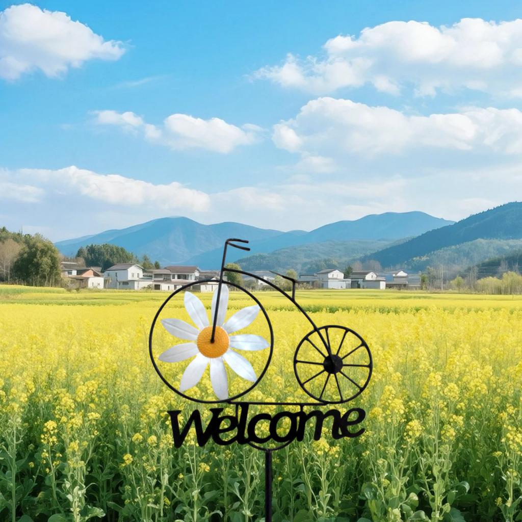 Wrought Iron Daisy Bicycle Welcome Sign - 47.2 Inch Outdoor Vintage Garden Yard Creative Welcome Art Decoration