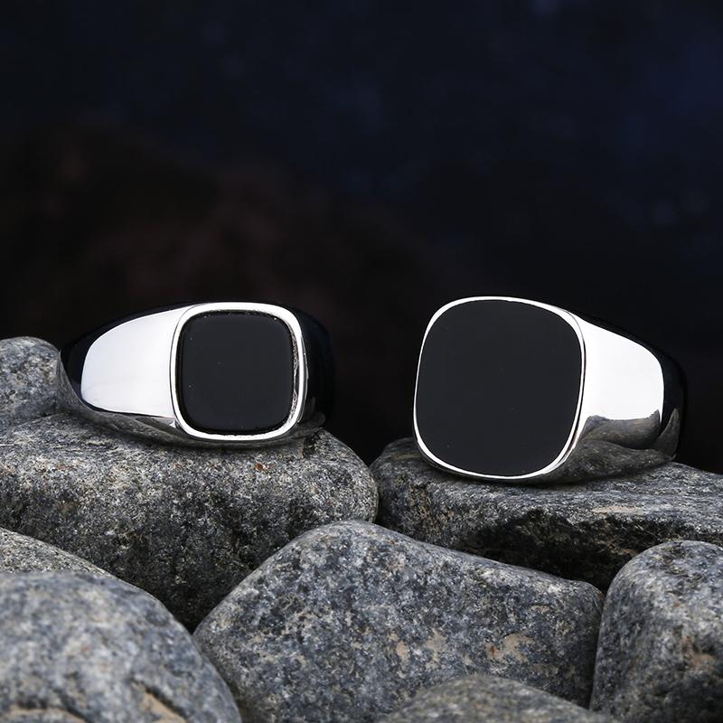 Simple Fashion Stainless Steel with Black Agate Stone Rings for Men Women High Quality Wedding Jewelry Gifts Dropshipping