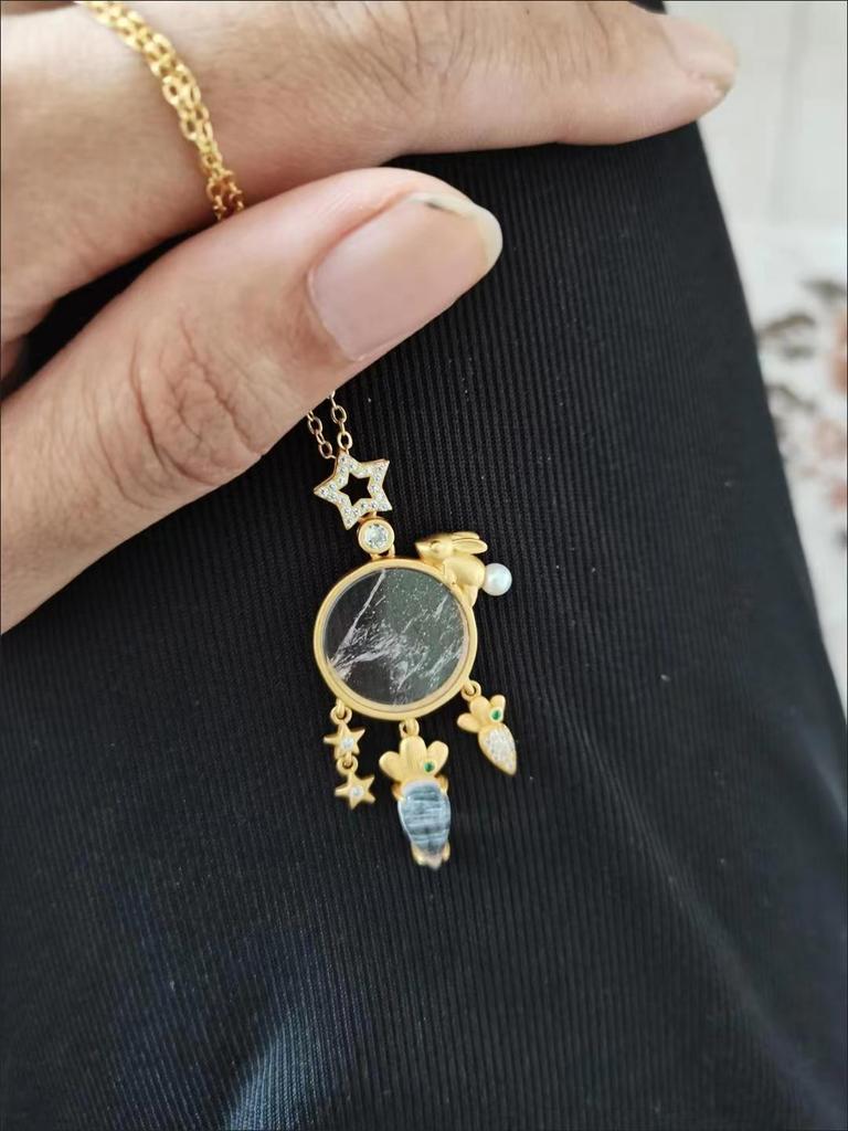 Jade Rabbit and Radish Planet Pendant Necklace - Charming Fairy Tale Design, Handmade and Unique Gift