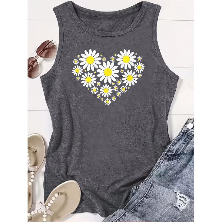Elegant Vest for Women Daisy Heart Print Casual Loose Summer Vest Fashionable and Elegant Tops for Commuting, Vacation, and Everyday Wear, Available