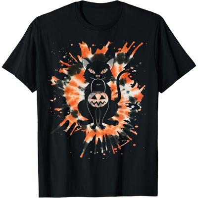 Halloween Orange Tie Dye With Black Cat Men Women Kids T-Shirt