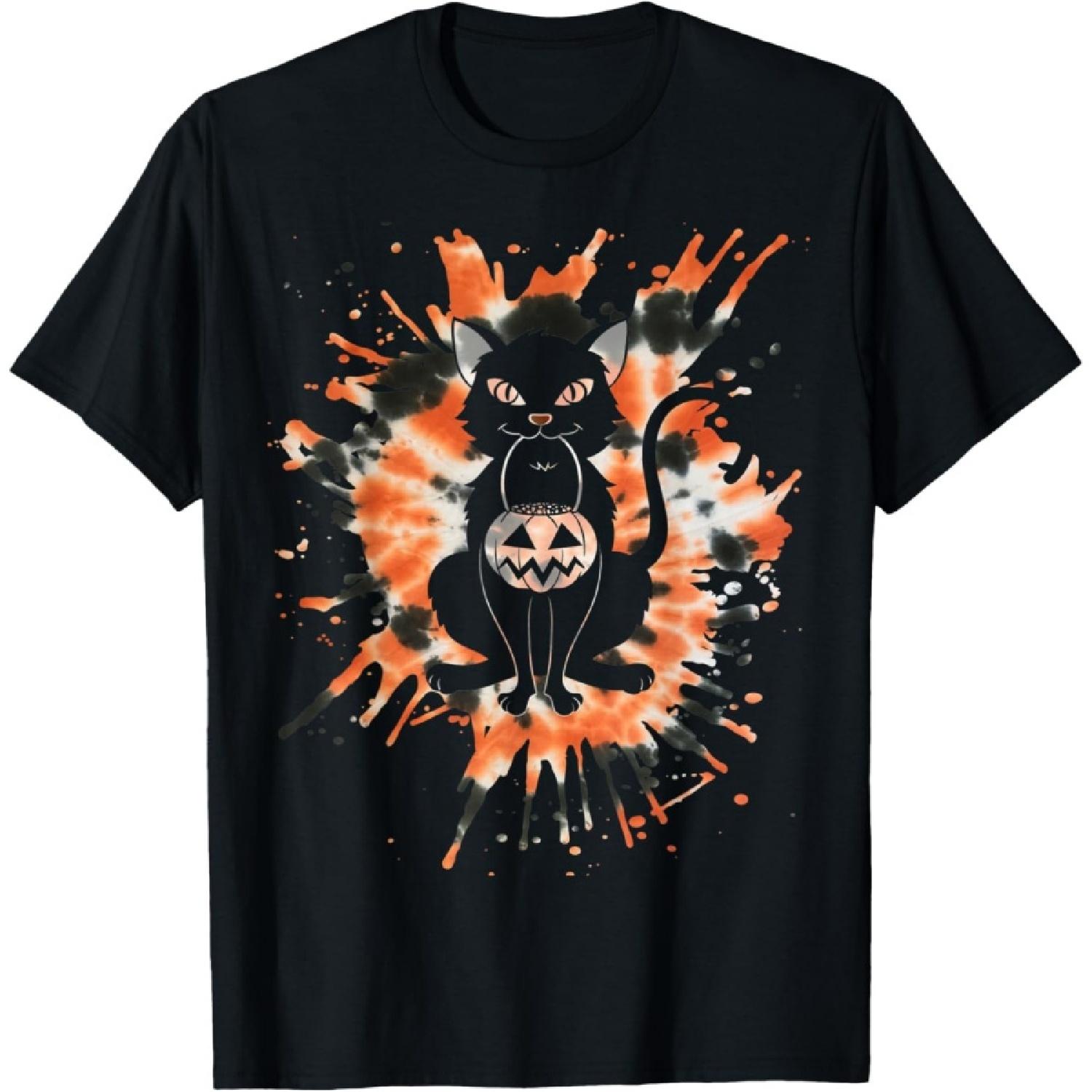 Halloween Orange Tie Dye With Black Cat Men Women Kids T-Shirt S