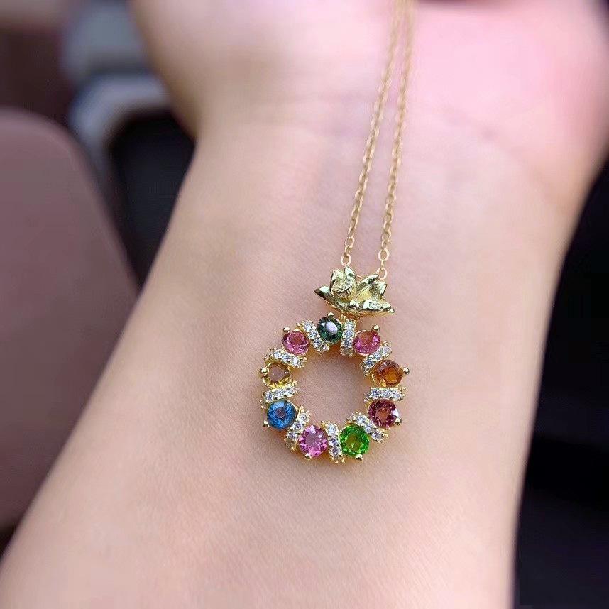 Keluaran Terbaru Liontin Kalung Bundar Besar Topas Warna-warni Natunal Warna-warni Emas 18K Mewah Untuk Wanita Perhiasan Mode