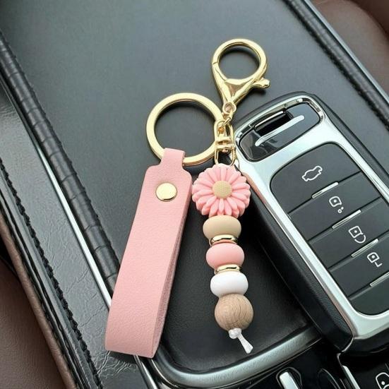 Aesthetic Key Ring Silicone Flower Keychain with Faux Leather Wristlet, Car Lanyard Pendant, Handbag Backpack Charm Wood Beads Bead Wristlet