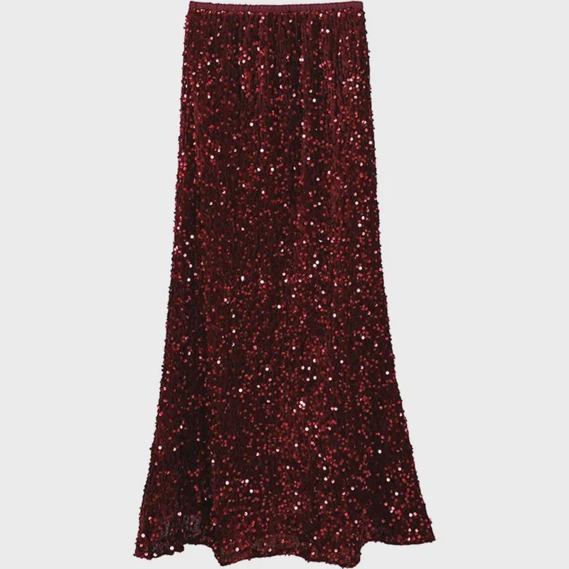 Elegant High-Waist Velvet Fishtail Skirt with Sequins for Autumn