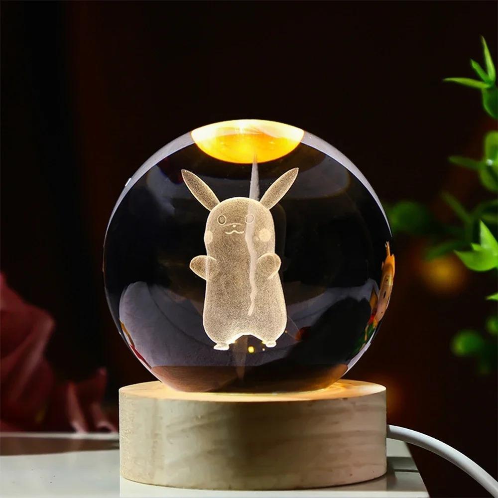 Hot 6cm 3D Crystal Ball Stitch Pikachu Wooden Base with 6cm Crystal Ball Planet Night Light Laser Carving Children's Gifts