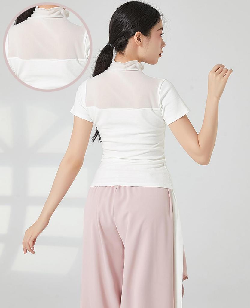 Yuoku Short Sleeve Ballet Dance Mesh Sheer High Neck Practice Classical Ballroom Elegant Dance Costume Women's Top, Collar, T-Shirt, Blouse,