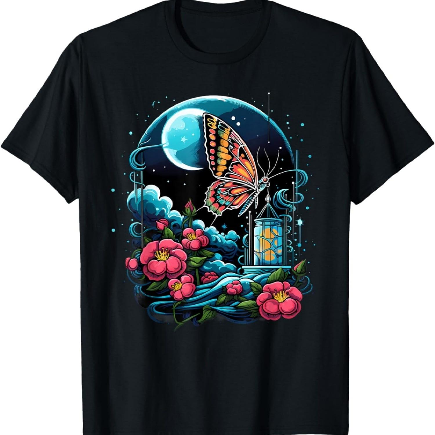 Butterfly Floral Colorful Artwork Moon Nature Animal Lovers T-Shirt S