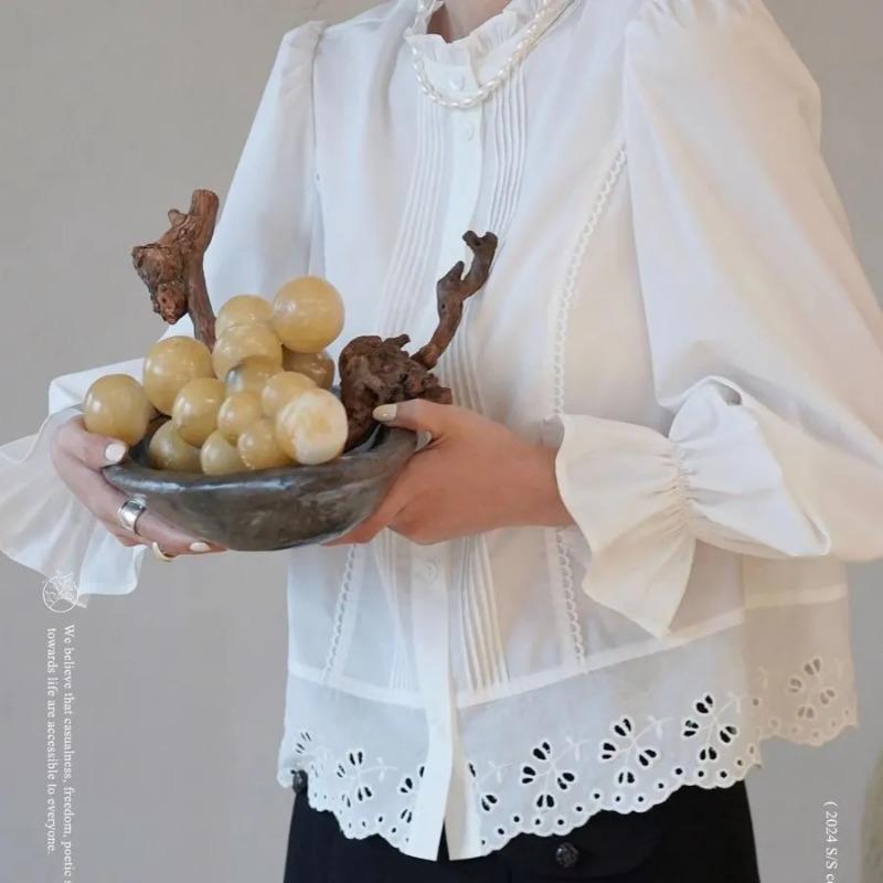Women's French Romantic Blouse Ruffle Stand Collar Eyelet Lace Trim Flare Sleeve Vintage Cotton Shirt