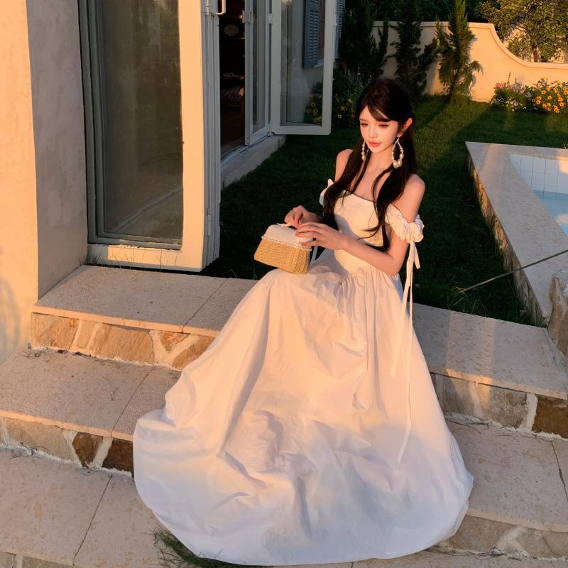 French One-word Shoulder White Long Dress Birthday Party Dress Dress Female Summer Thin Temperament Seaside Vacation Style