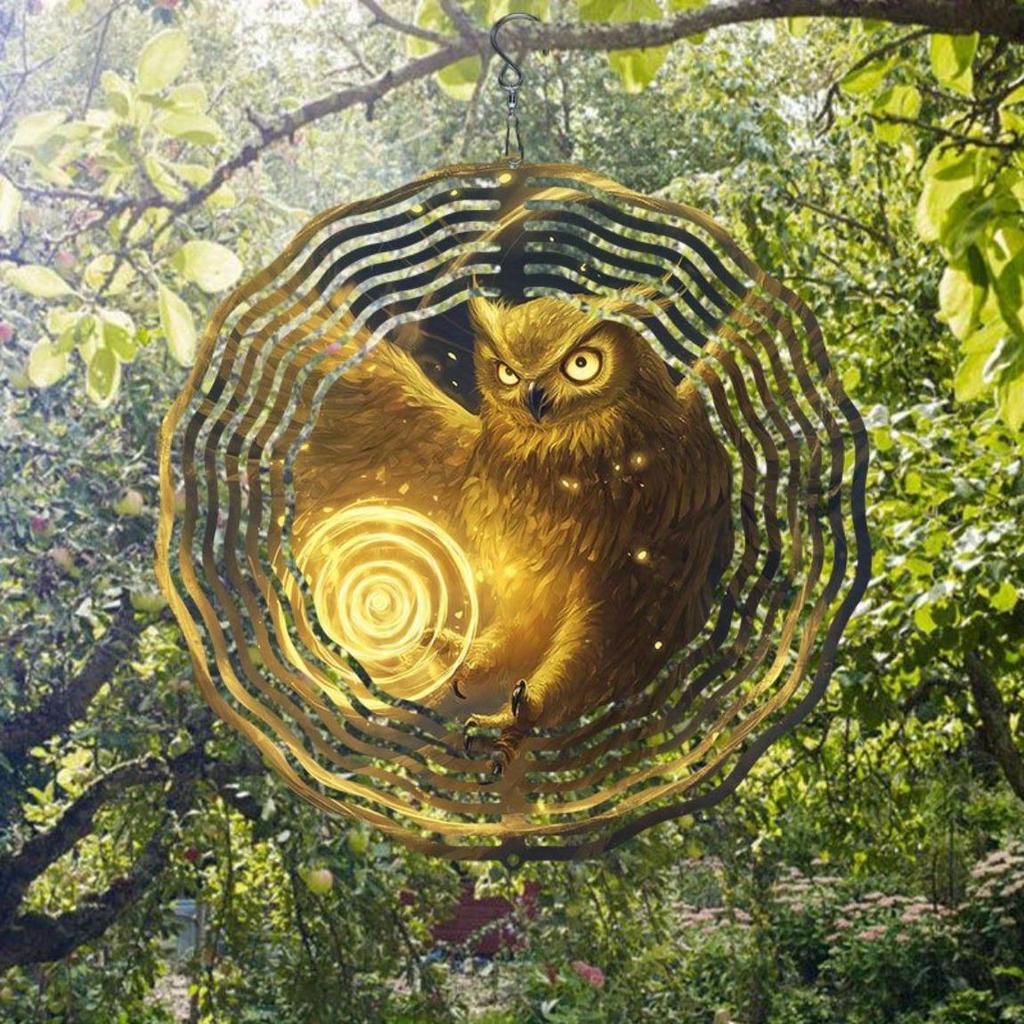 Golden Magic Owl Wind Chime 3D Visual Hanging Outdoor Bird Deterrent Rotating 360 Degree for Garden Patio Wedding Decor No Electricity