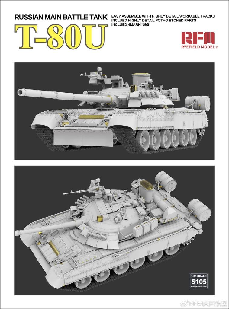 Ryefield Models Scale Russian Main Battle Tank Plastic Model RFM5105 1/35 T-80U