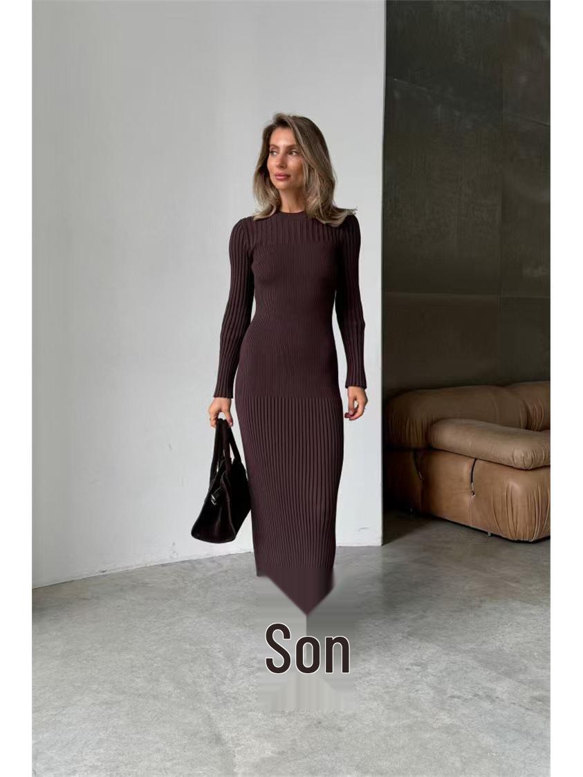 

Women s Long-Sleeve Autumn/Winter Woolen Bodycon Dress - Knitted, Ribbed, Solid Color, Round Neck Small