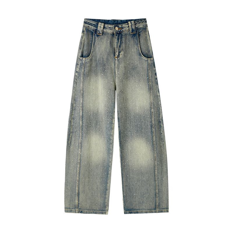 Spring Summer Luxury Rhinestone Craft Bamboo Texture Relaxed Saber Cut Fashion Casual Denim Long Pants Female Casual Pants Oversize Denim Trousers