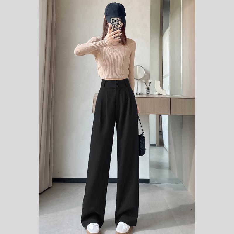High Waist Pants Women Straight Black Office Trousers Fashion Button Loose Spring Streetwear