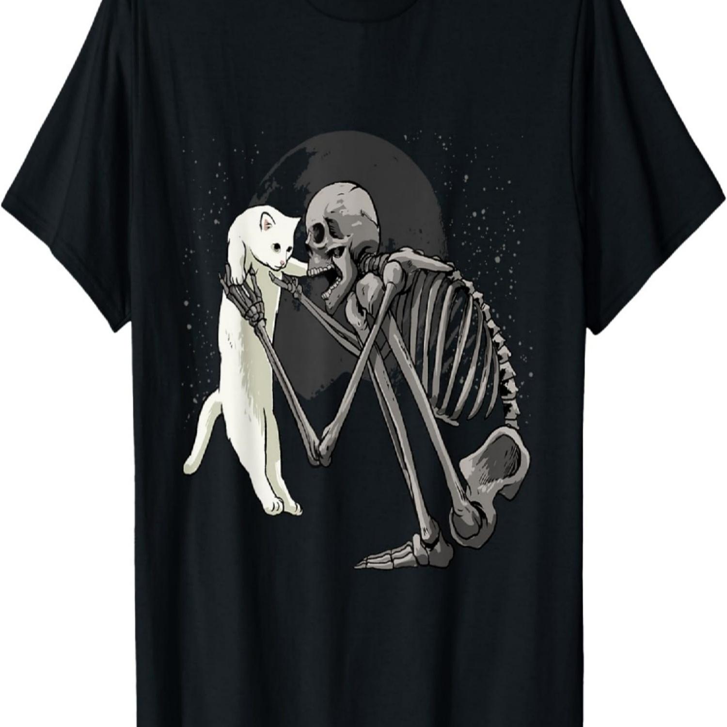 Halloween Skeleton Cat Shirt Funny Skeleton Holding Cat Pet Men Women Kids T-Shirt S чёрный