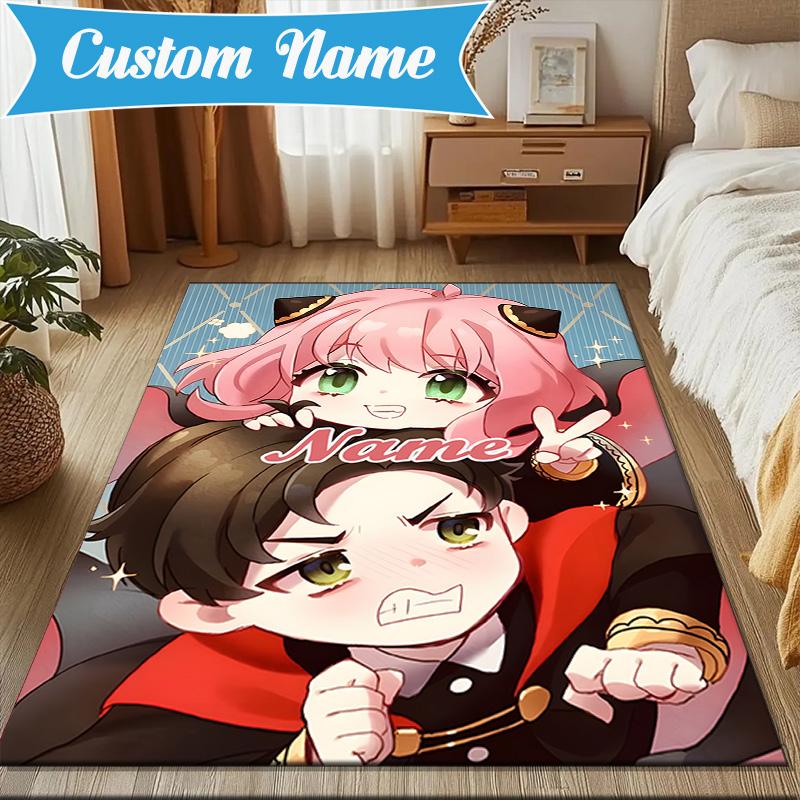 Custom Name Pink Hair Anime Anya Rug for Living Room, Game Rooms, Office, Bedroom, Floor Mat Playful Design, fan gifts Christmas decor