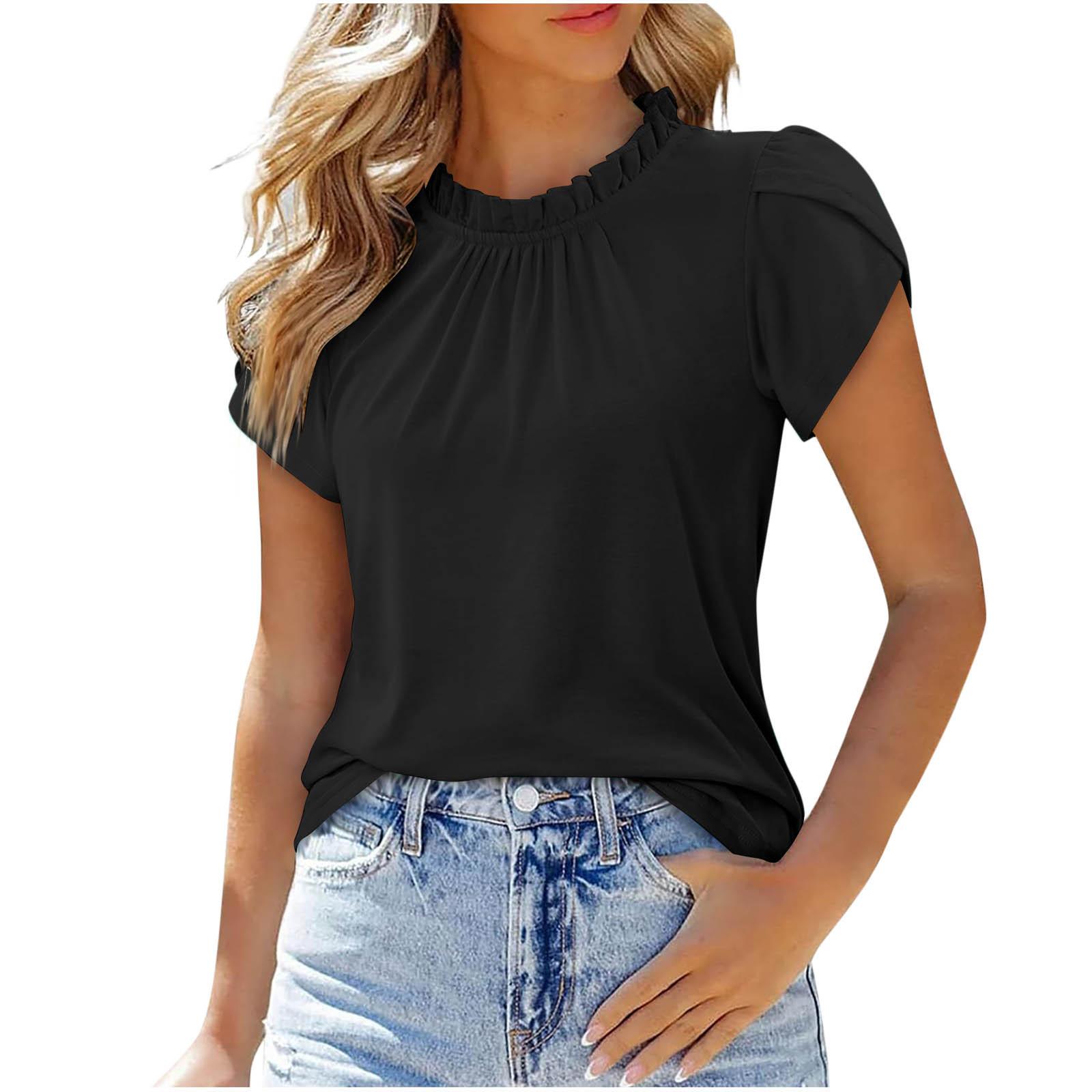 Women s Solid Button Crew Neck Short Sleeve Pleated Top S чёрный