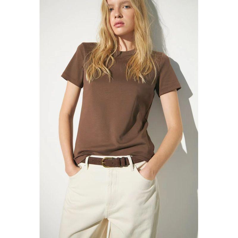 

Ru L XS-XXL Shoulder T-Shirt Cotton Pure Color Small Loose Tee Minimalist Short Sleeve Women s Summer Black T Brown S