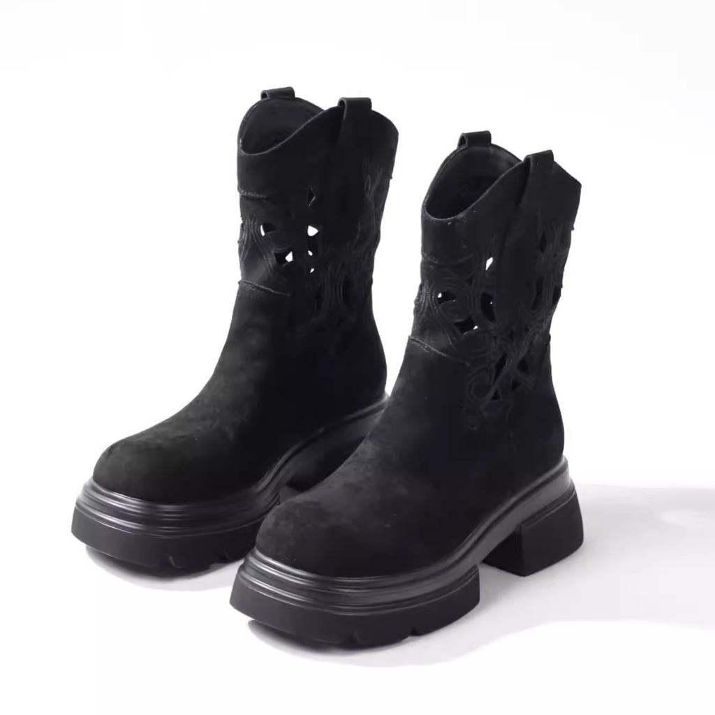 Summer retro western cowboy small short boots hollow breathable heightening women's boots