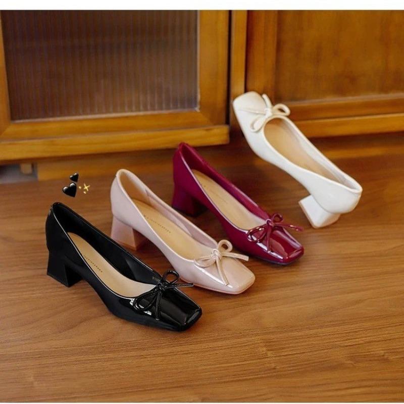 Scarpe Décolleté con Tacco Kitten Donna 2026 Nuova Moda Fiocco Punta Quadrata Francese Tacco Blocco Scarpe con Tacco