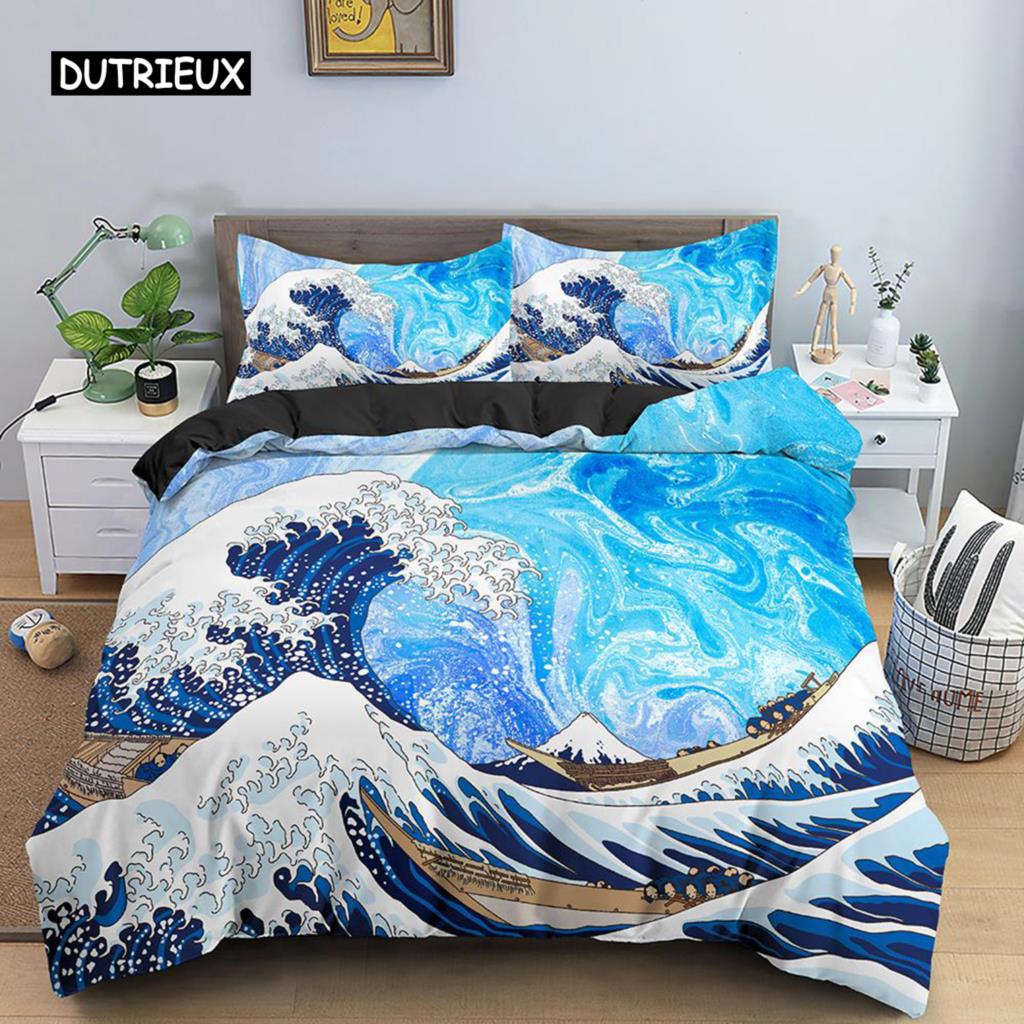 Wave Duvet Cover Set for Kids Teens Adult King Size Abstract Blue Ocean Comforter Cover Waves Sailing Moon Polyester Bedding Set