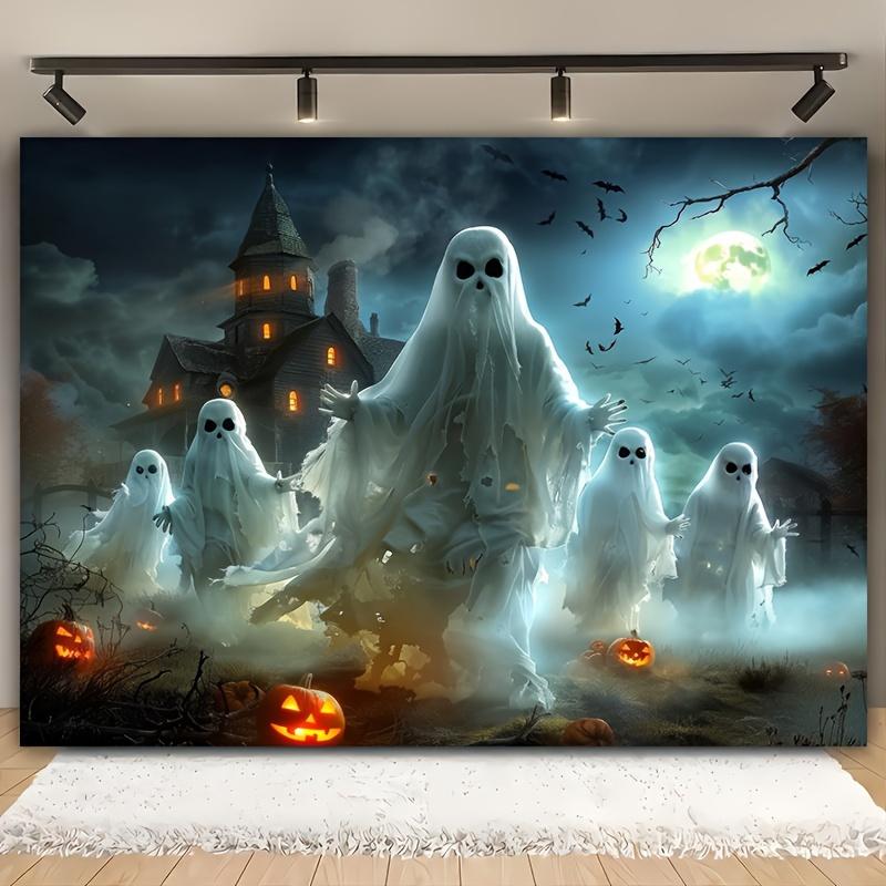 Halloween Ghost Forest and Gothic Castle Background Cloth - Horror White Ghost, Polyester, No Power Required
