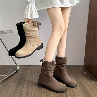 Retro Simple and Thin Martin Boots for Women's New Autumn and Winter Niche Versatile Pleated Short Low-heeled Boots Piled Up for Women