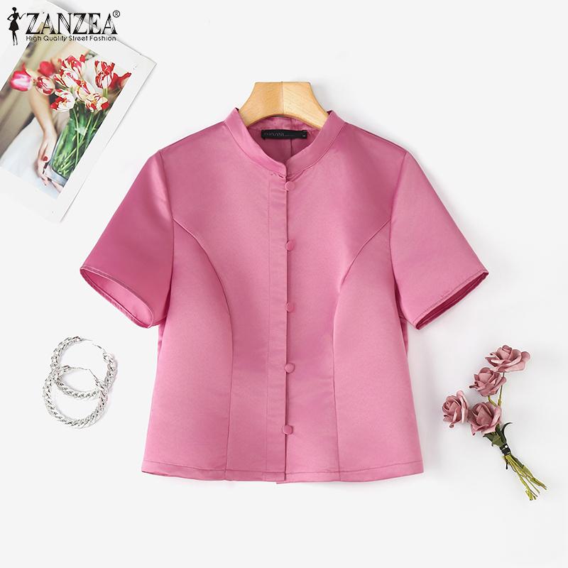 ZANZEA Dámská letní ležérní saténová halenka se stojáčkem a krátkým rukávem