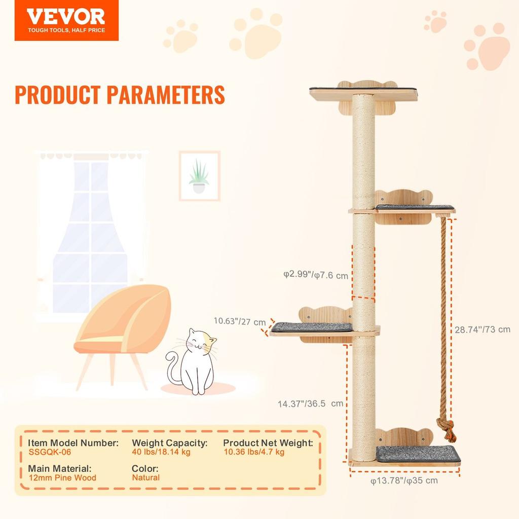Wall Mounted Cat Shelves Tree with Platform Tree-Shaped Cat Furniture