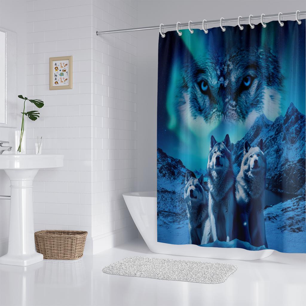 1Pc Glacier Wolf Print Waterproof Shower Curtain Bathe Partition Privacy Hanging Curtain 12 Hooks Multi Size Machine Washable