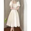 French First Love Women's White Square Neck Summer Dress - Slim Waist, Elegant Long Skirt