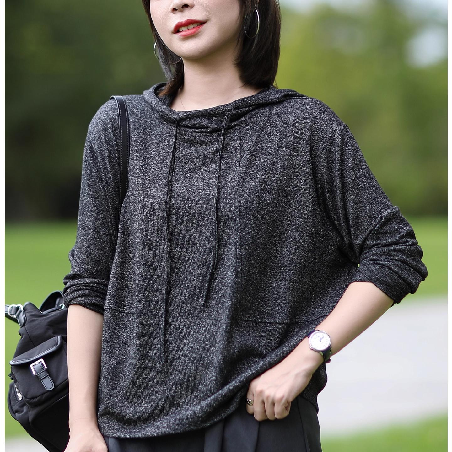 

Dimanaf Худи больших размеров 2025 Осень Однотонная Шапка Черная футболка Женская С длинным рукавом Свободные Топы Футболки One Size