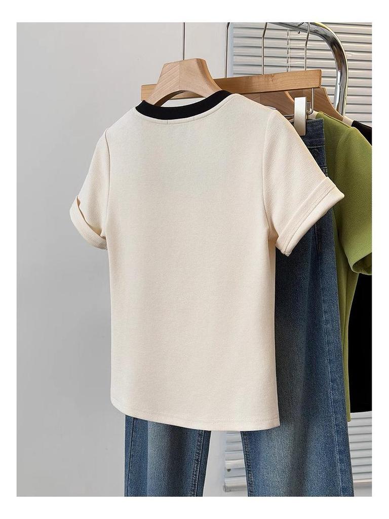 Plus Size Women's Stylish Square Neck Short Sleeve Summer T-shirt - Pure Cotton, Slimming, Up to 200 Jin.