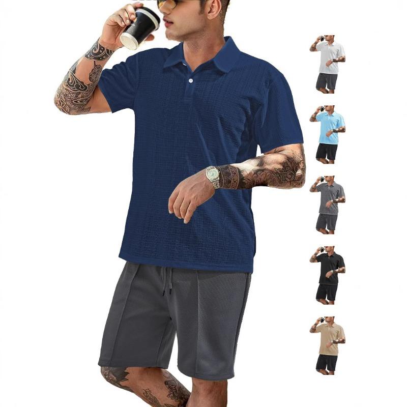 Mens Casual Two Piece Outfit Textured Short Sleeve Polo Shirt And Drawstring Shorts Set