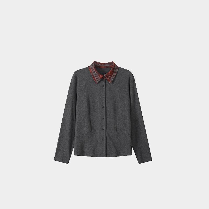 

Women s Plaid Silk Wool Brushed Long Sleeve Shirt with Collar Extra Large черный серый
