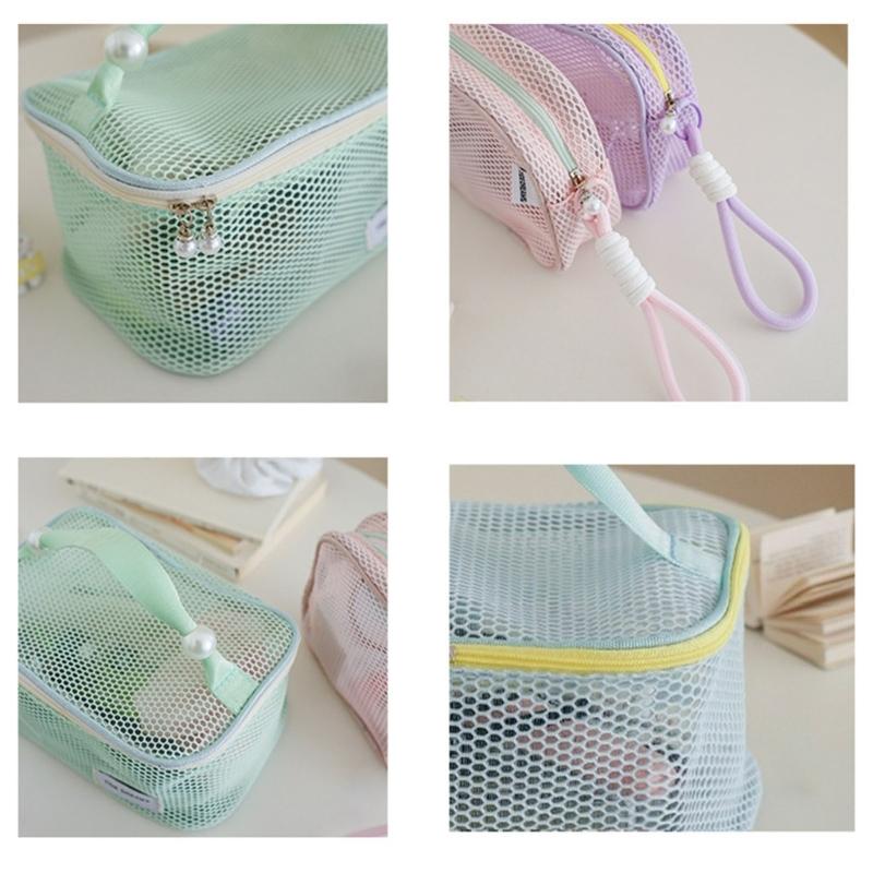 Spacious Nylon Mesh Makeup Bag Cosmetic Organizers Zippers Closures for Travel Bathroom Storage