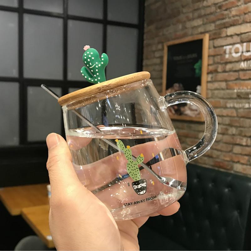 

Термостойкая стеклянная чашка для молока с ручкой, для разогрева в микроволновой печи, чашка для завтрака с крышкой и ложкой, для дома, женская, с плоским дном, чашка для воды 301-400ml