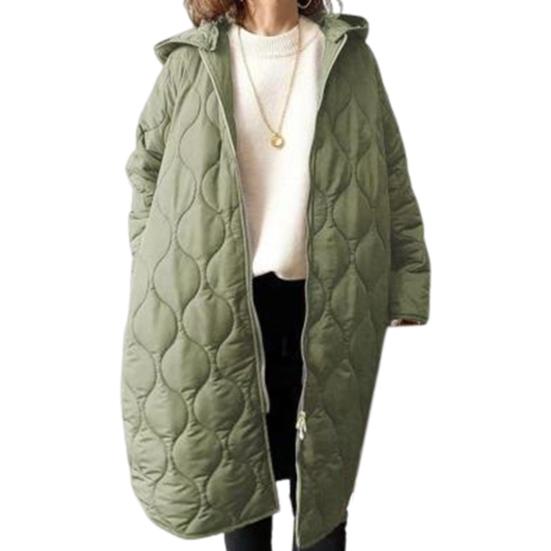 Fall Winter Women Jacket Hooded Zip-up Rhombus Texture Thin Padded Long Sleeves
