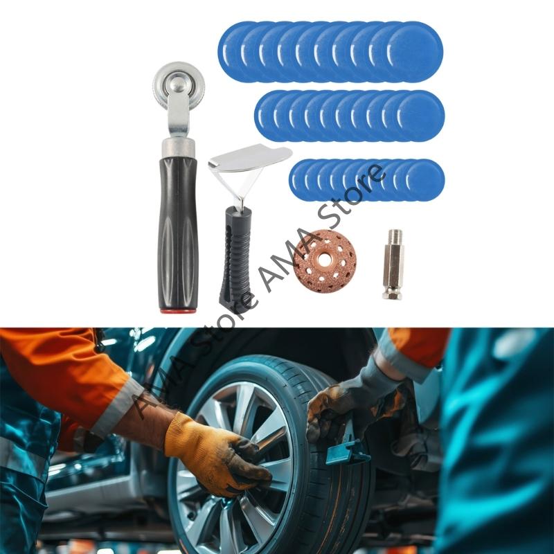 X7JF Complete 34pc Emergency Tire Patches Includes Rubber Repair Patches Grinders for Vehicle Maintenance