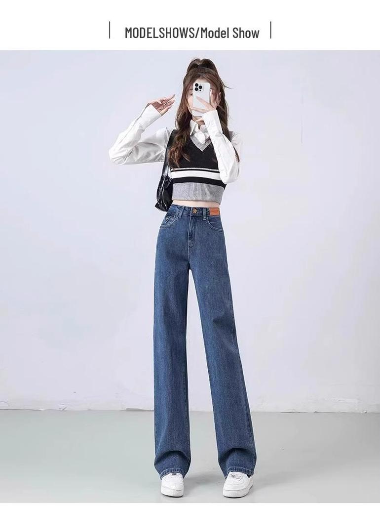 Damen Blaue High-Waist Straight-Leg Jeans, Frühjahr Herbst 2025 Kollektion