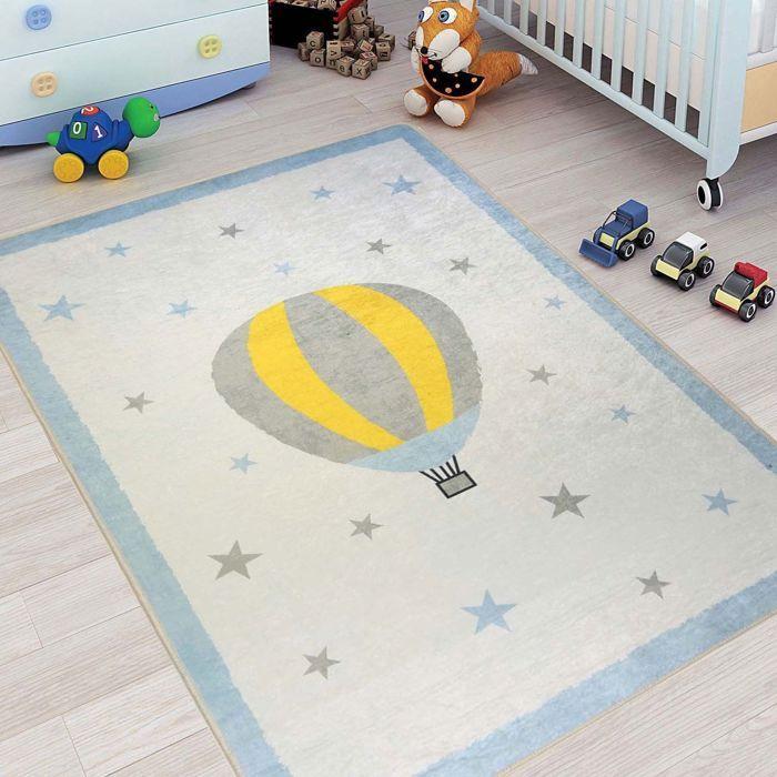 Tapis - MONGOLFIERE - Bleu - 80x150 cm - Antidérapant - Lavable en machine - Doux au toucher