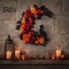 Halloween Wreath for Front Door Black Cat Moon Wreath, Gothic Crescent with Artificial Fall Rose Flowers Home Porch Wall Decor Floral